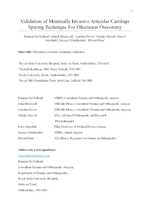 Validation of minimally invasive articular cartilage sparing technique for olecranon osteotomy Thumbnail