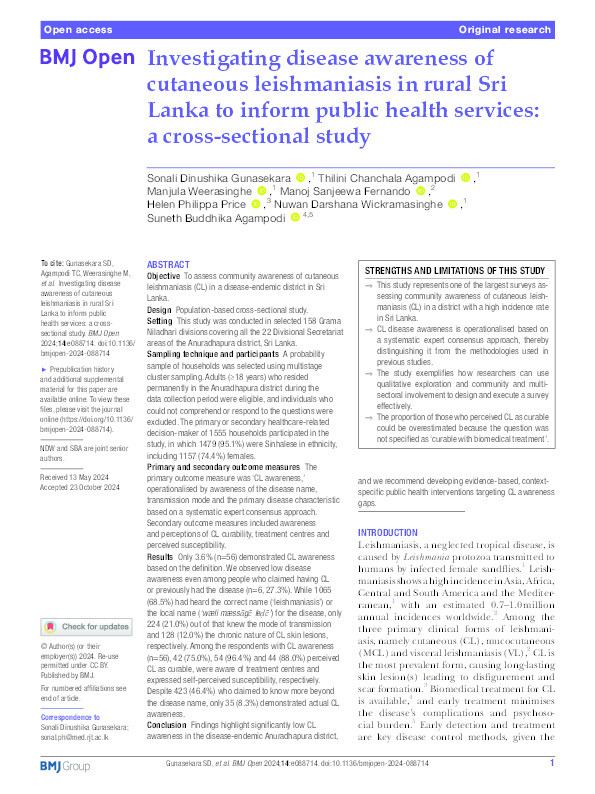 Investigating disease awareness of cutaneous leishmaniasis in rural Sri Lanka to inform public health services: a cross-sectional study. Thumbnail