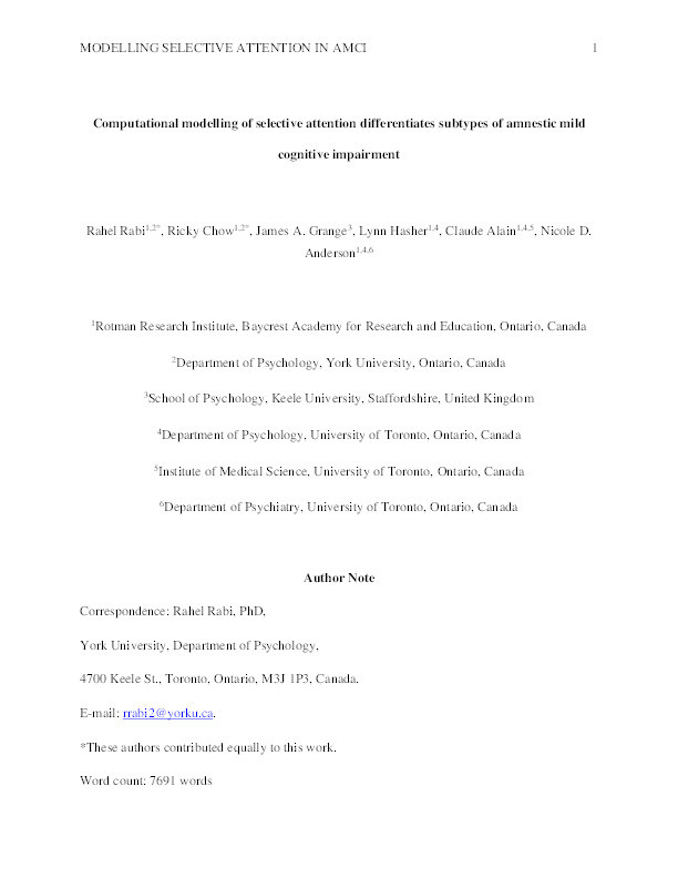 Computational modeling of selective attention differentiates subtypes of amnestic mild cognitive impairment. Thumbnail