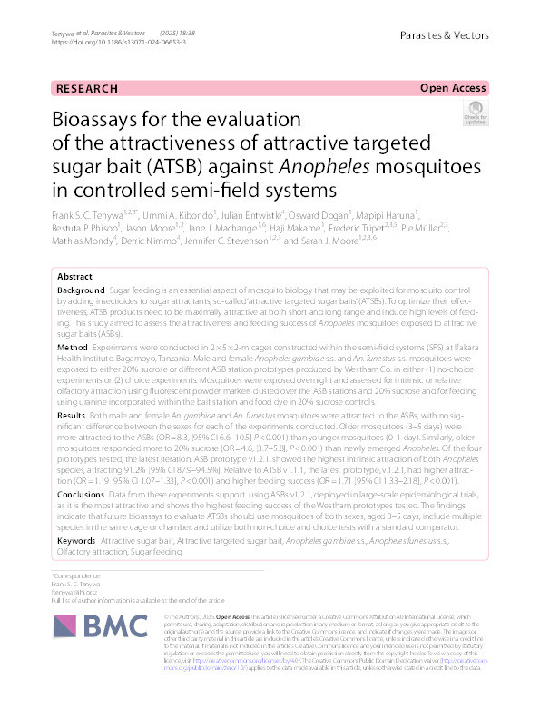 Bioassays for the evaluation of the attractiveness of attractive targeted sugar bait (ATSB) against Anopheles mosquitoes in controlled semi-field systems Thumbnail