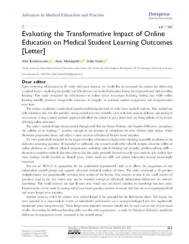 Evaluating the Transformative Impact of Online Education on Medical Student Learning Outcomes [Letter]. Thumbnail