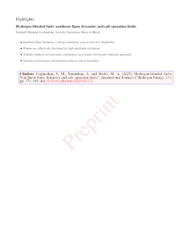 Hydrogen-blended fuels: Nonlinear flame dynamics and safe operation limits Thumbnail