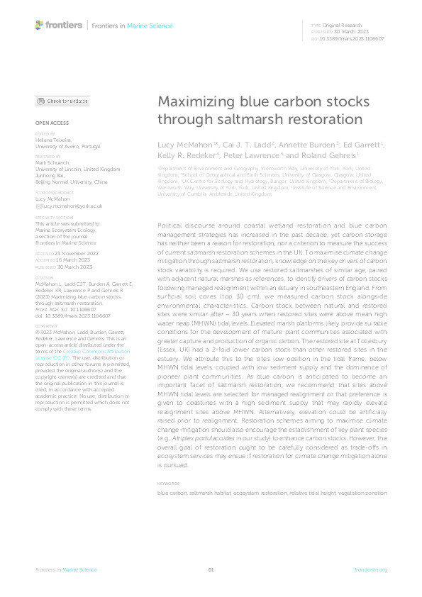 Maximizing blue carbon stocks through saltmarsh restoration Thumbnail