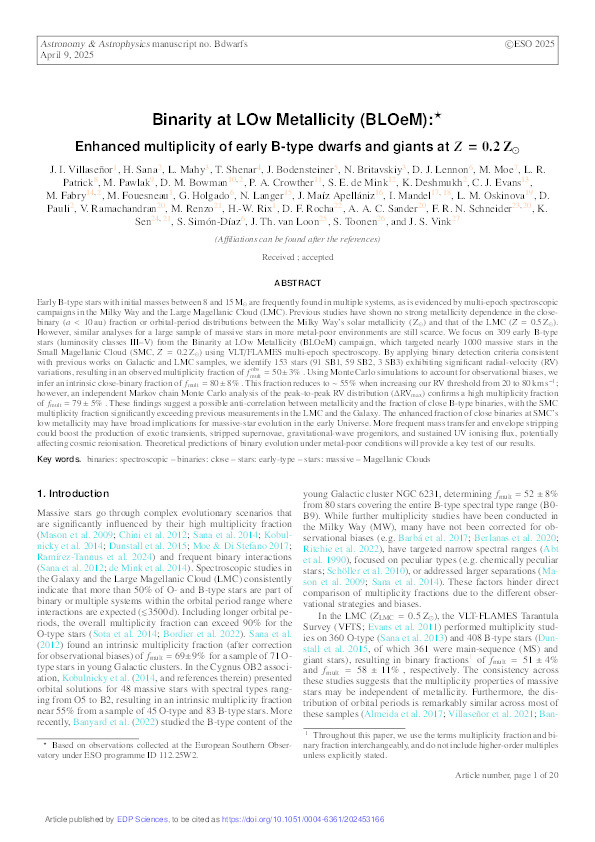 Binarity at LOw Metallicity (BLOeM):. Enhanced multiplicity of early B-type dwarfs and giants at Z=0.2 Zsun Thumbnail