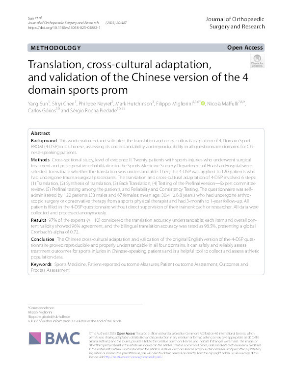 Translation, cross-cultural adaptation, and validation of the Chinese version of the 4 domain sports prom. Thumbnail