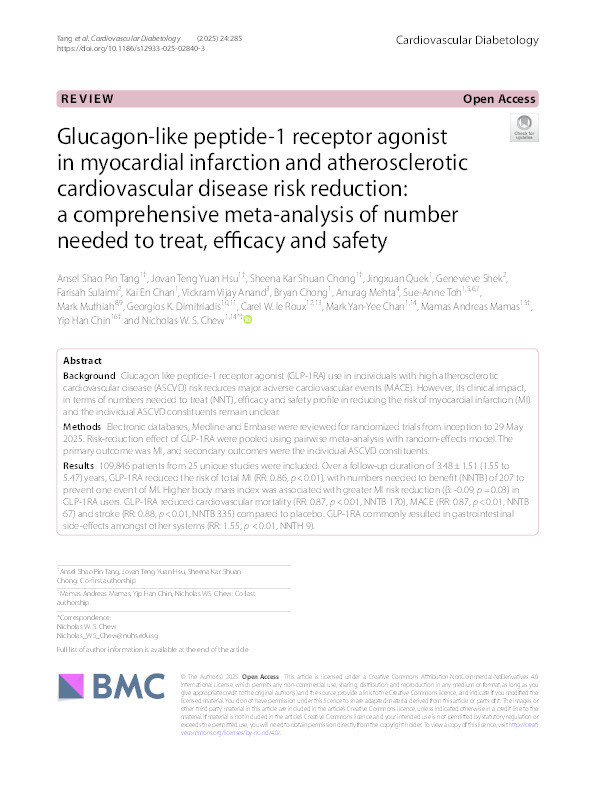 Glucagon-like peptide-1 receptor agonist in myocardial infarction and atherosclerotic cardiovascular disease risk reduction: a comprehensive meta-analysis of number needed to treat, efficacy and safety. Thumbnail