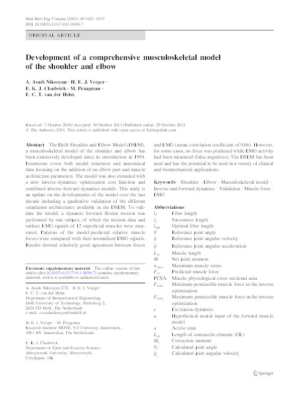 Development of a comprehensive musculoskeletal model of the shoulder and elbow Thumbnail