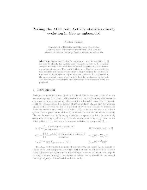 Passing the ALife test: activity statistics classify evolution in Geb as unbounded Thumbnail