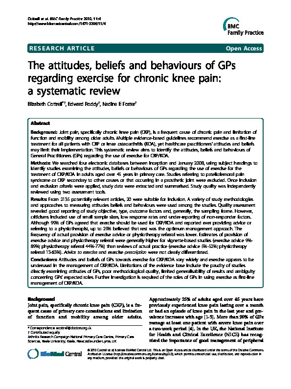 The attitudes, beliefs and behaviours of GPs regarding exercise for chronic knee pain: a systematic review Thumbnail