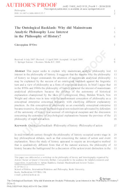 The Ontological Backlash: why did mainstream analytic philosophy lose interest in the philosophy of history? Thumbnail