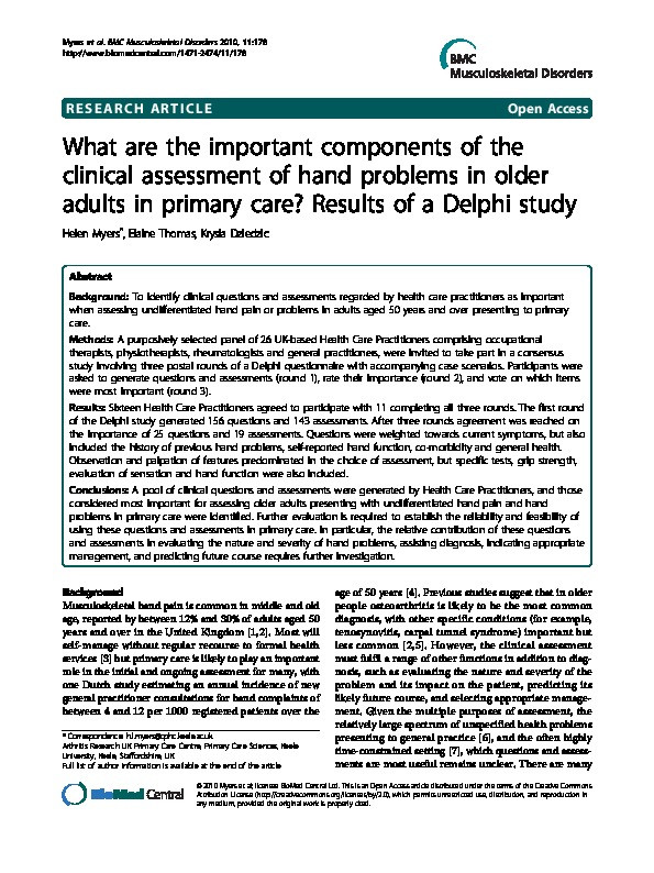 What are the important components of the clinical assessment of hand problems in older adults in primary care? Results of a Delphi study Thumbnail