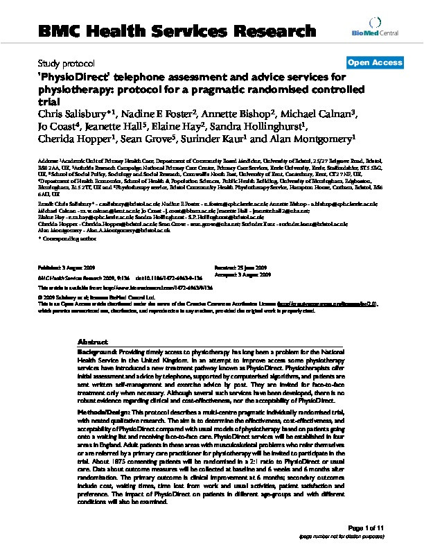 'PhysioDirect' telephone assessment and advice services for physiotherapy: protocol for a pragmatic randomised controlled trial Thumbnail