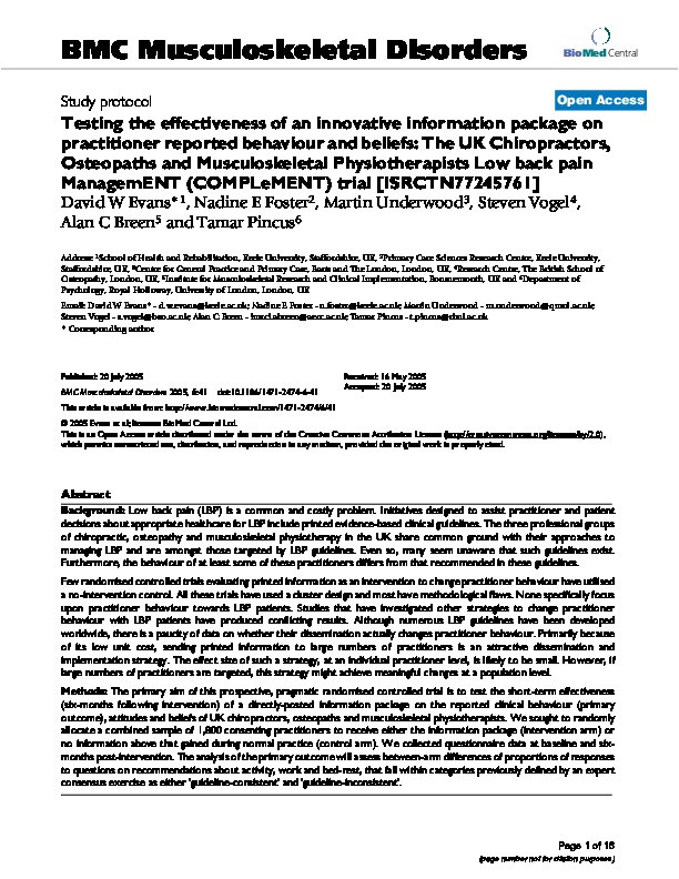 Testing the effectiveness of an innovative information package on practitioner reported behaviour and beliefs: the UK Chiropractors, Osteopaths and Musculoskeletal Physiotherapists Low back pain ManagemENT (COMPLeMENT) trial [ISRCTN77245761] Thumbnail