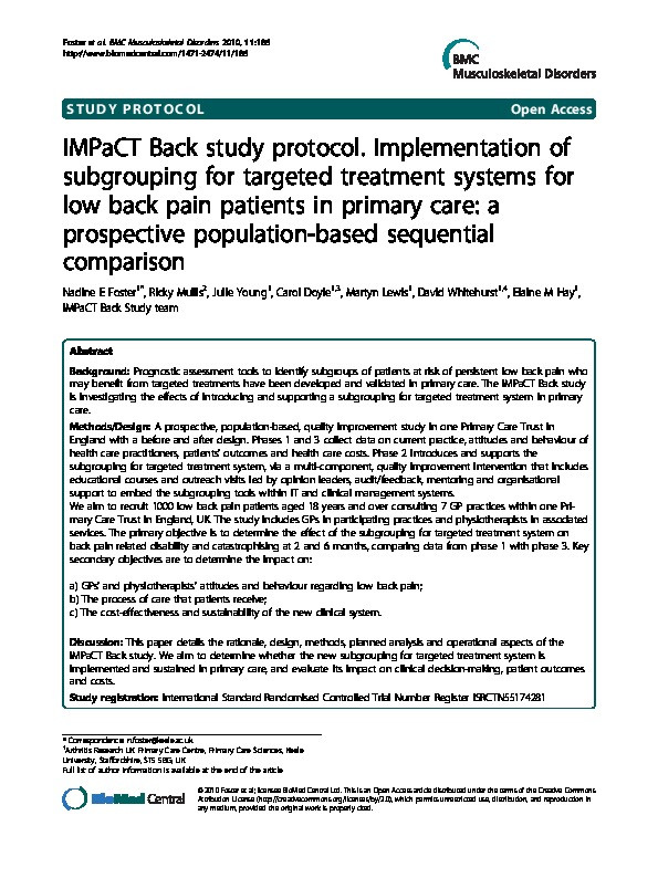 IMPaCT Back study protocol. Implementation of subgrouping for targeted treatment systems for low back pain patients in primary care: a prospective population-based sequential comparison Thumbnail