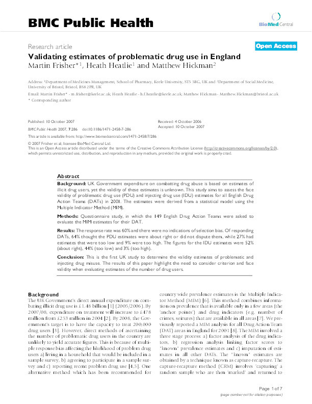 Validating estimates of problematic drug use in England Thumbnail