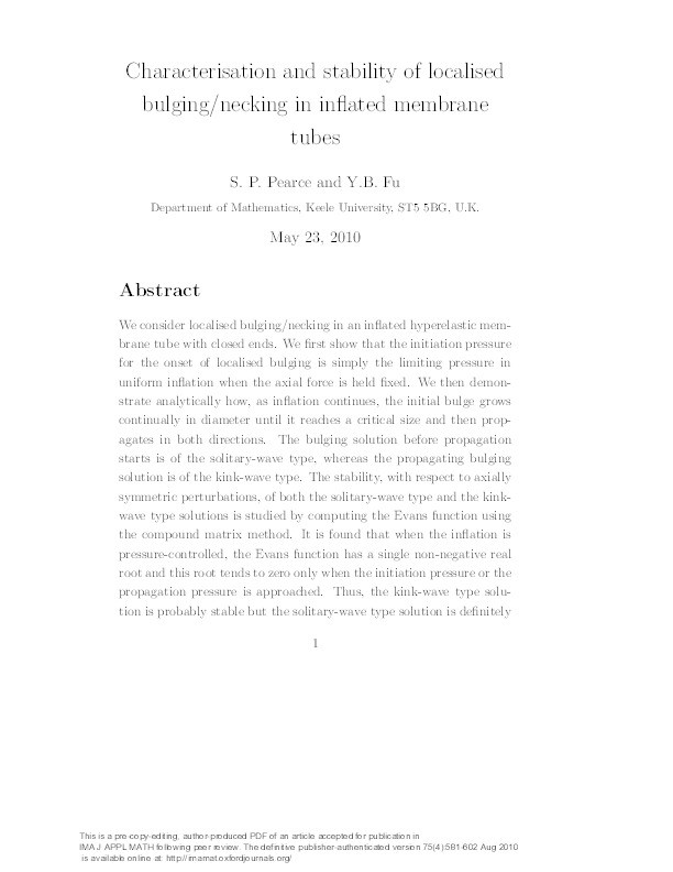 Characterization and stability of localized bulging/necking in inflated membrane tubes Thumbnail