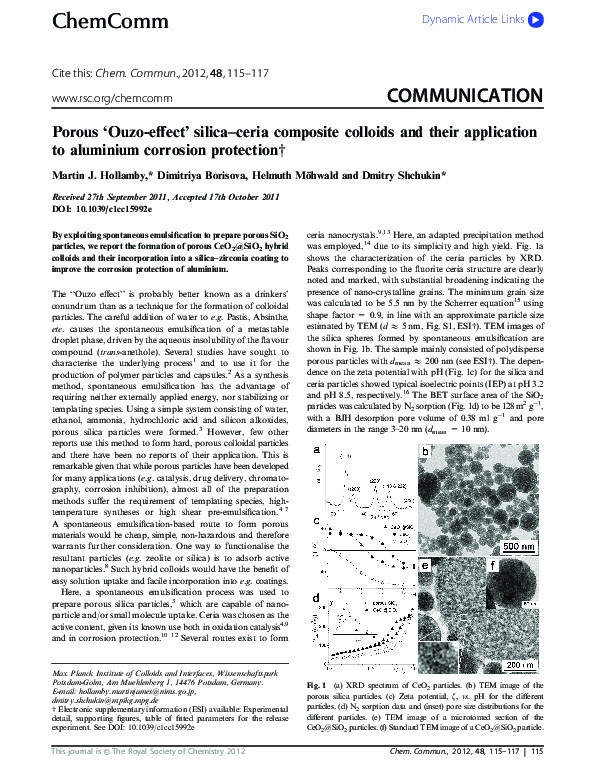 Porous 'Ouzo-effect' silica-ceria composite colloids and their application to aluminium corrosion protection. Thumbnail