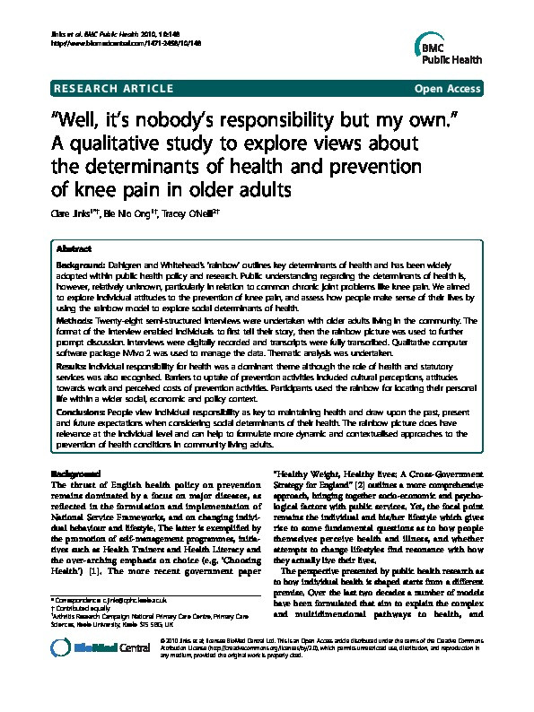 "Well, it's nobody's responsibility but my own." A qualitative study to explore views about the determinants of health and prevention of knee pain in older adults Thumbnail