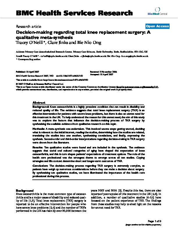 Decision-making regarding total knee replacement surgery: a qualitative meta-synthesis Thumbnail