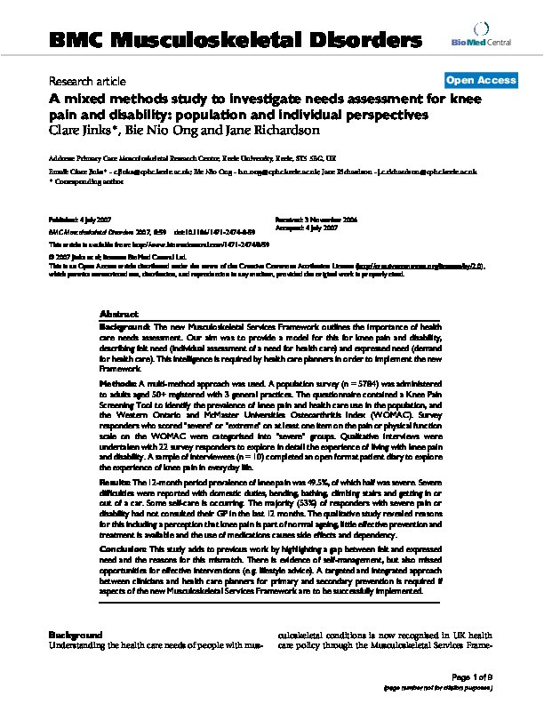 A mixed methods study to investigate needs assessment for knee pain and disability: population and individual perspectives Thumbnail