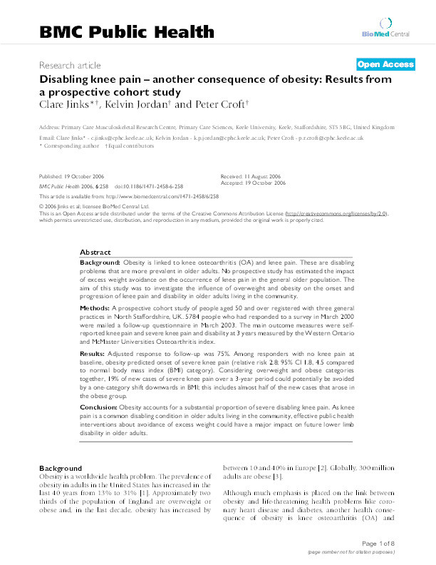 Disabling knee pain--another consequence of obesity: results from a prospective cohort study Thumbnail