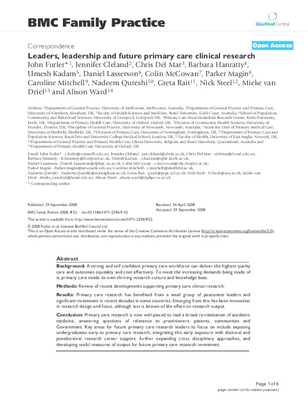 Leaders, leadership and future primary care clinical research Thumbnail