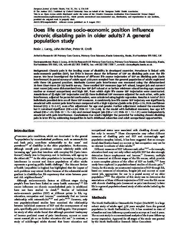 Does life course socio-economic position influence chronic disabling pain in older adults? A general population study Thumbnail