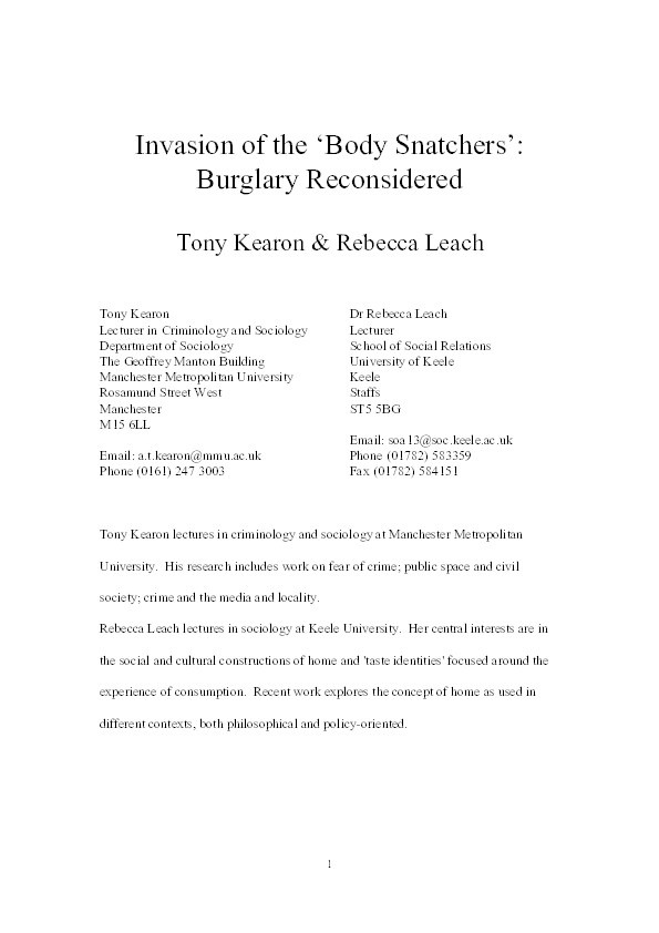 Invasion of the 'body snatchers': burglary reconsidered Thumbnail