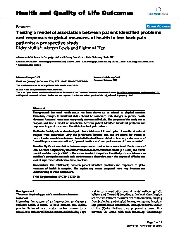 Testing a model of association between patient identified problems and responses to global measures of health in low back pain patients: a prospective study Thumbnail