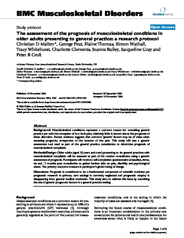 The assessment of the prognosis of musculoskeletal conditions in older adults presenting to general practice: a research protocol Thumbnail