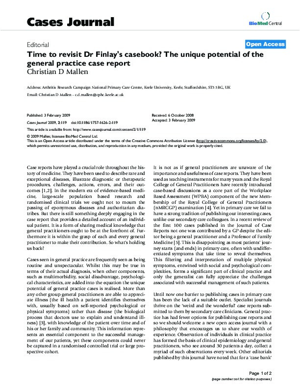 Time to revisit Dr Finlay's casebook?: the unique potential of the general practice case report Thumbnail