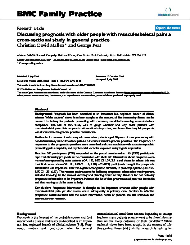 Discussing prognosis with older people with musculoskeletal pain: a cross-sectional study in general practice Thumbnail