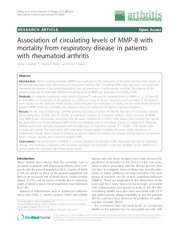 Association of circulating levels of MMP-8 with mortality from respiratory disease in patients with rheumatoid arthritis. Thumbnail