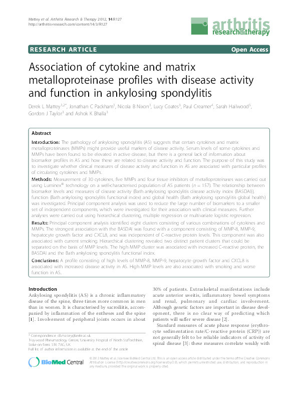 Association of cytokine and matrix metalloproteinase profiles with disease activity and function in ankylosing spondylitis Thumbnail