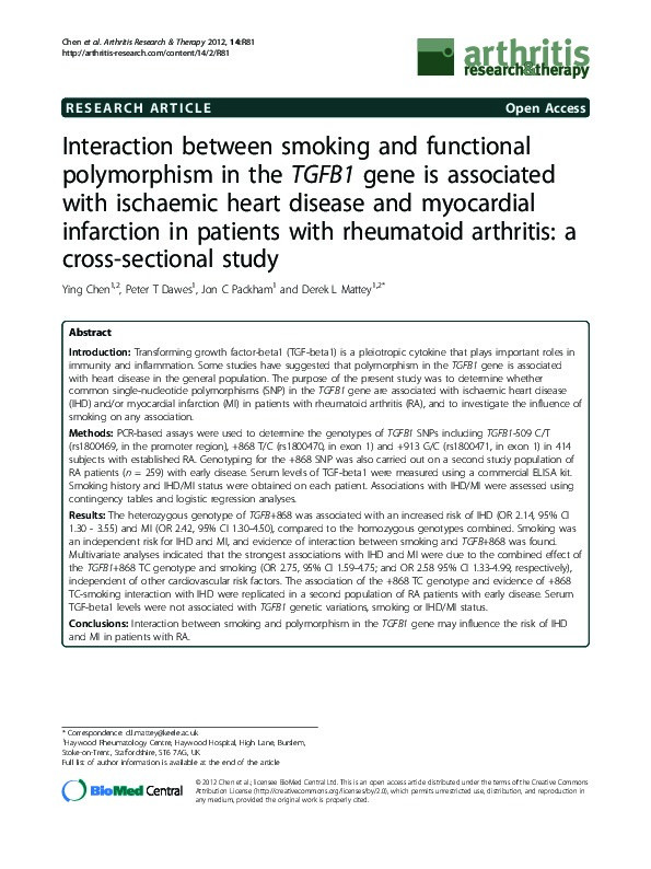 Interaction between smoking and functional polymorphism in the TGFB1 gene is associated with ischaemic heart disease and myocardial infarction in patients with rheumatoid arthritis: a cross-sectional study Thumbnail