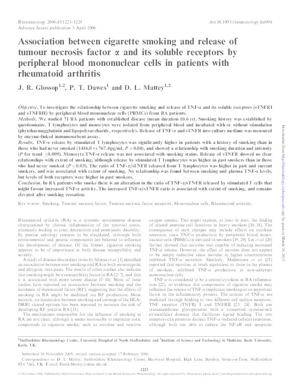 Association between cigarette smoking and release of tumour necrosis factor alpha and its soluble receptors by peripheral blood mononuclear cells in patients with rheumatoid arthritis. Thumbnail