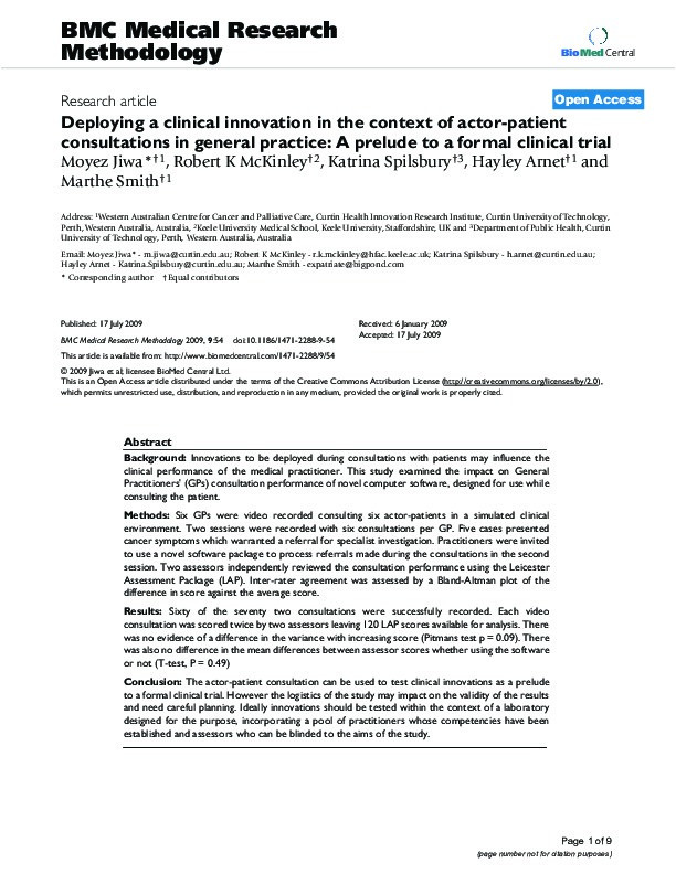 Deploying a clinical innovation in the context of actor-patient consultations in general practice: a prelude to a formal clinical trial Thumbnail