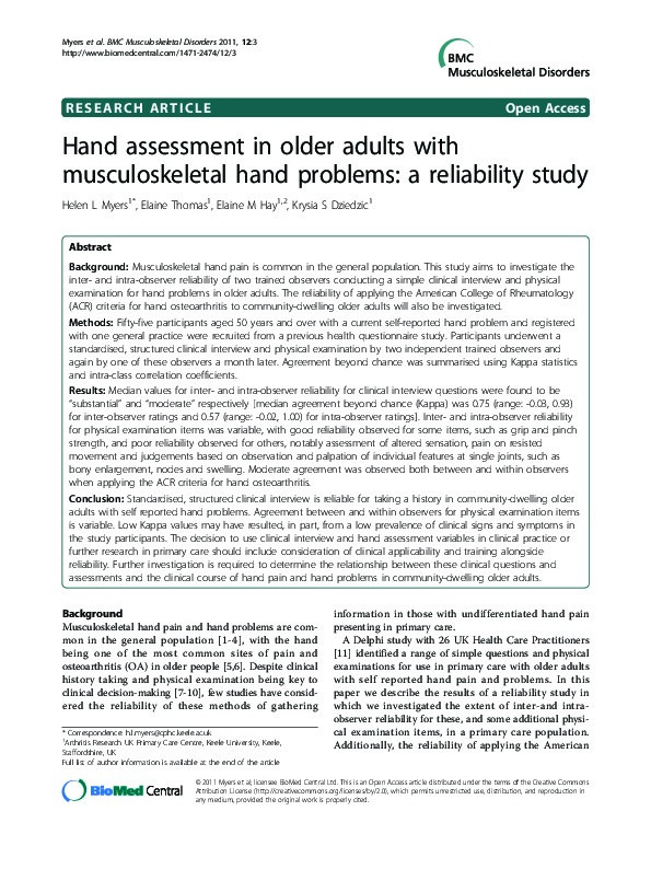 Hand assessment in older adults with musculoskeletal hand problems: a reliability study Thumbnail