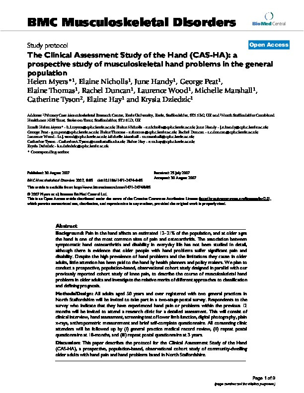 The Clinical Assessment Study of the Hand (CAS-HA): a prospective study of musculoskeletal hand problems in the general population Thumbnail