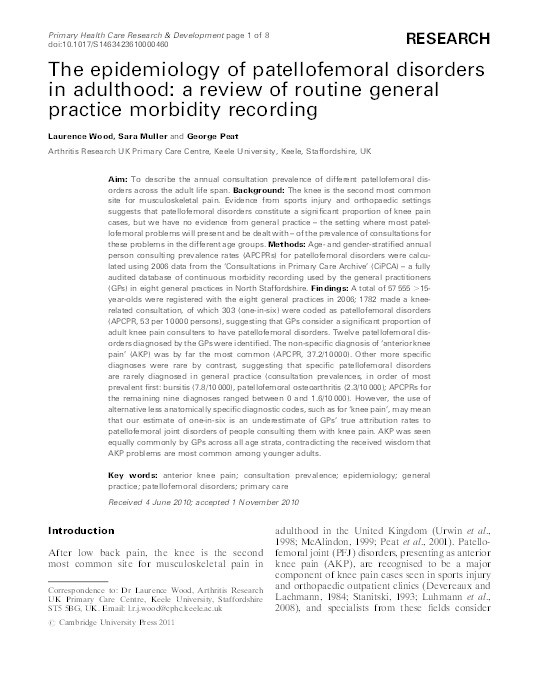 The epidemiology of patellofemoral disorders in adulthood: a review of routine general practice morbidity recording Thumbnail