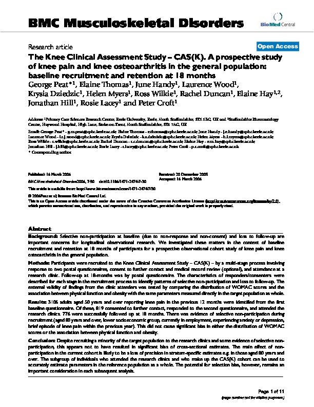 The Knee Clinical Assessment Study-CAS(K). A prospective study of knee pain and knee osteoarthritis in the general population: baseline recruitment and retention at 18 months Thumbnail
