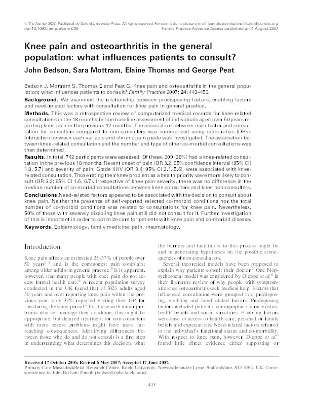 Knee pain and osteoarthritis in the general populations: what influences patients to consult? Thumbnail