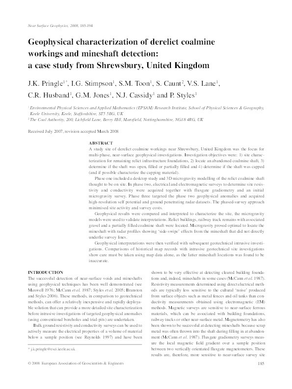 Geophysical characterization of derelict coalmine workings and mineshaft detection: a case study from Shrewsbury, United Kingdom Thumbnail