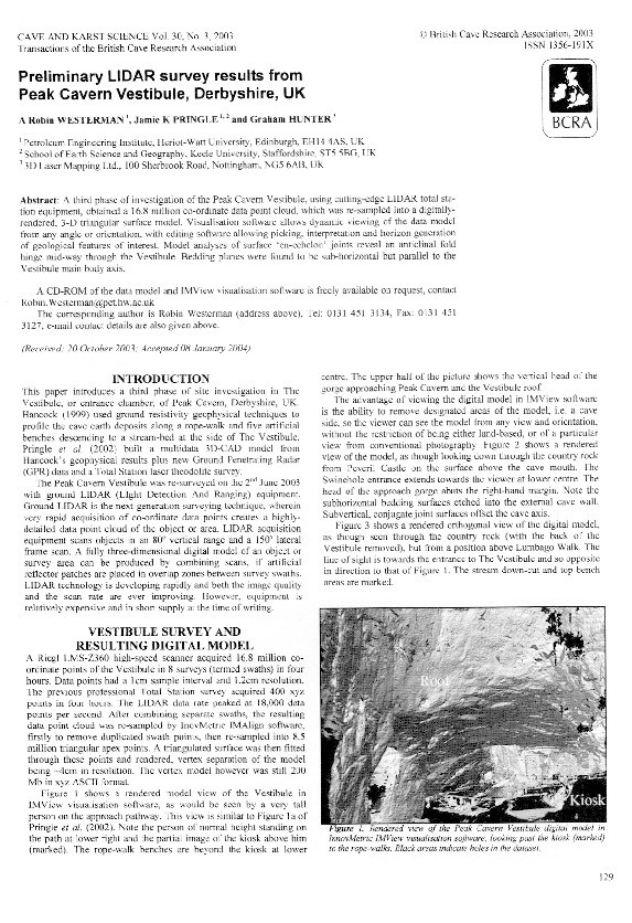Preliminary lidar survey results from Peak Cavern vestibule, Derbys, UK Thumbnail