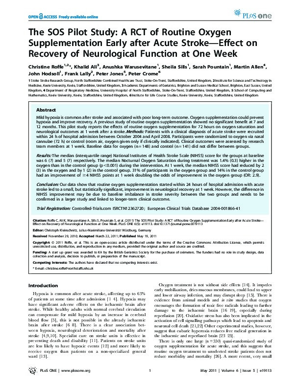 The SOS pilot study: a RCT of routine oxygen supplementation early after acute stroke--effect on recovery of neurological function at one week Thumbnail