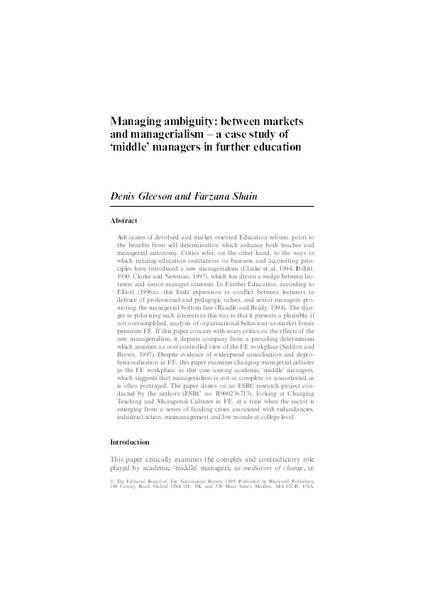 Managing ambiguity: between markets and managerialism - a case study of 'middle' managers in further education Thumbnail