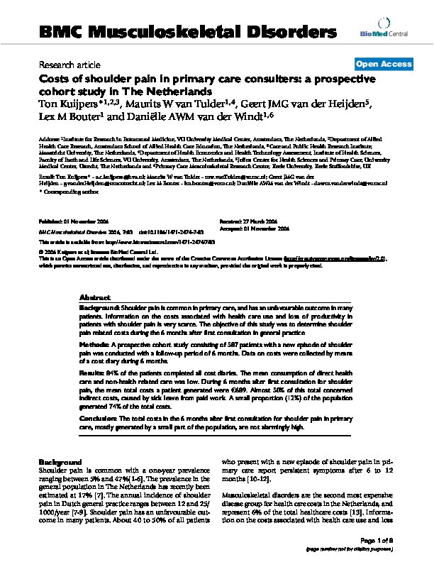 Costs of shoulder pain in primary care consulters: a prospective cohort study in The Netherlands Thumbnail