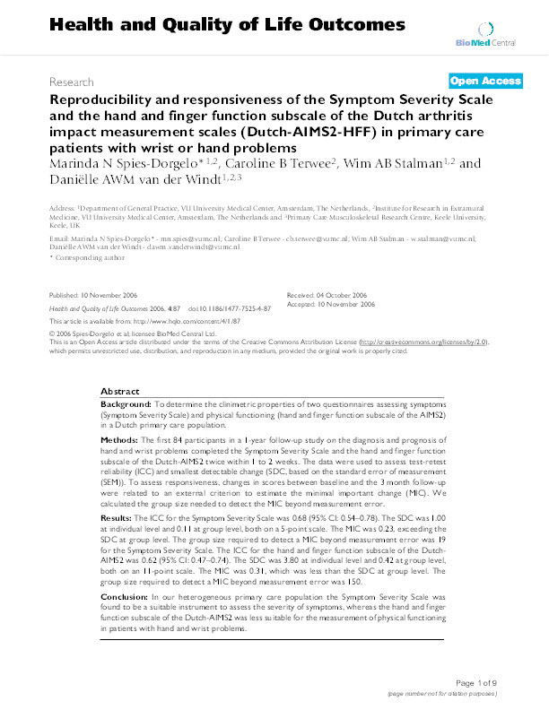 Reproducibility and responsiveness of the Symptom Severity Scale and the hand and finger function subscale of the Dutch arthritis impact measurement scales (Dutch-AIMS2-HFF) in primary care patients with wrist or hand problems. Thumbnail
