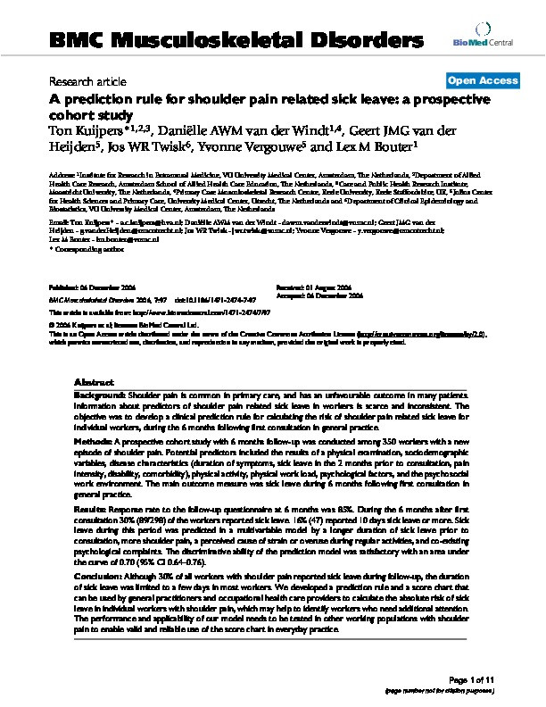 A prediction rule for shoulder pain related sick leave: a prospective cohort study. Thumbnail