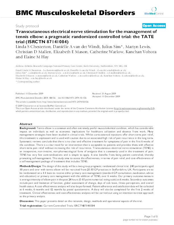 Transcutaneous electrical nerve stimulation as adjunct to primary care management for tennis elbow: Thumbnail